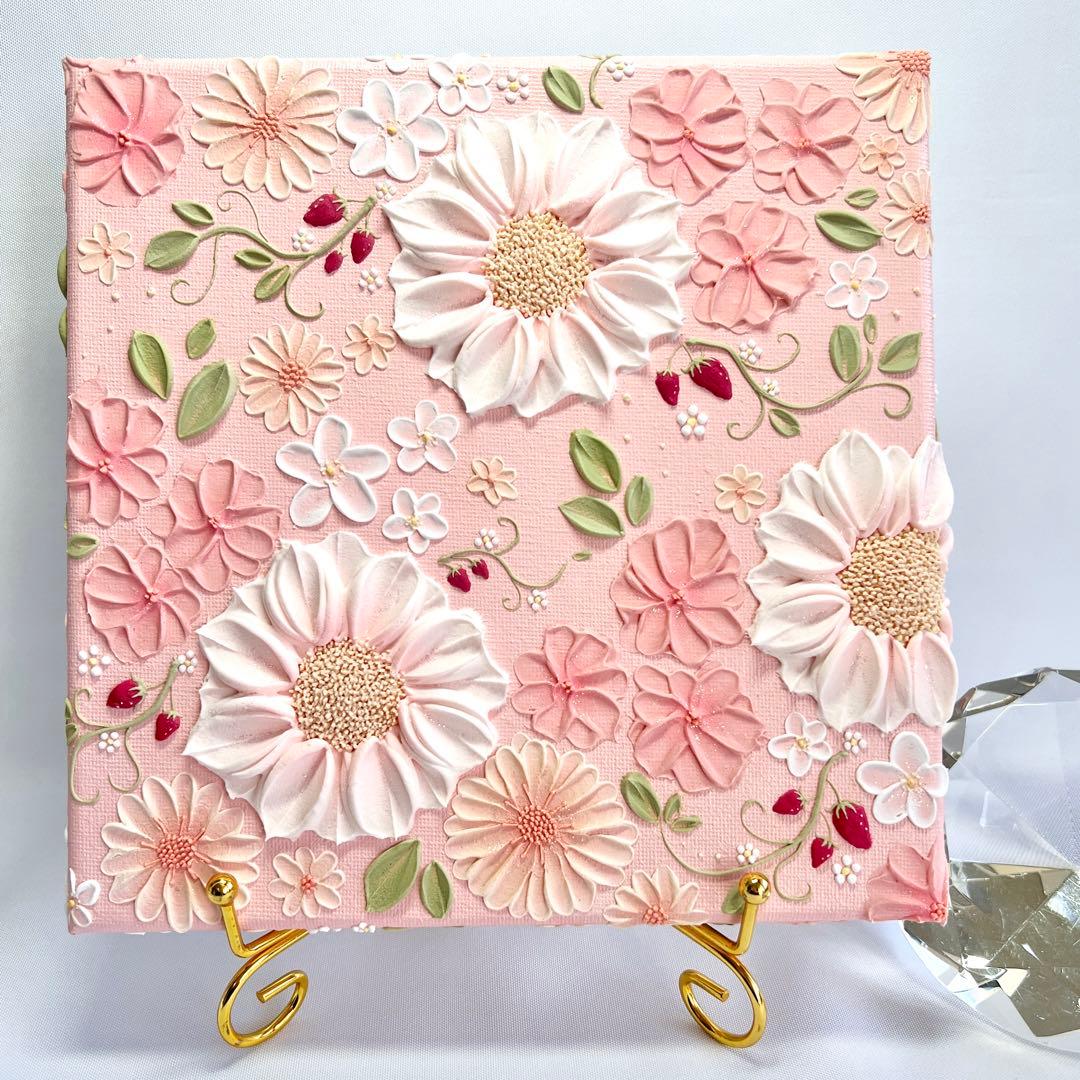 テクスチャーアート　絵画　インテリアアート　立体　花　絵　いちご　北欧　イチゴ