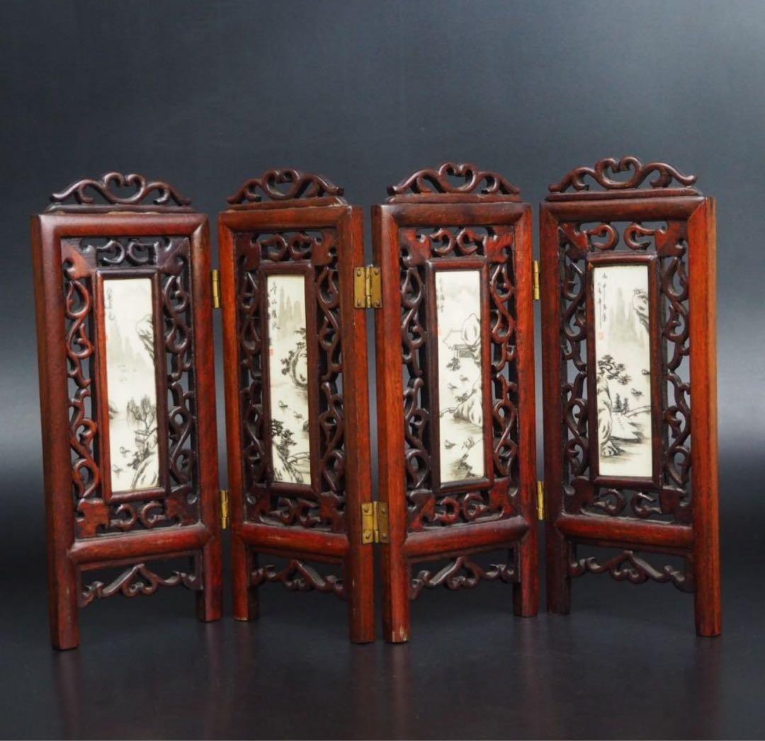送料無料　時代物　唐木骨彫山水四曲屏風　高22　幅36ｃｍ　中国美術古玩
