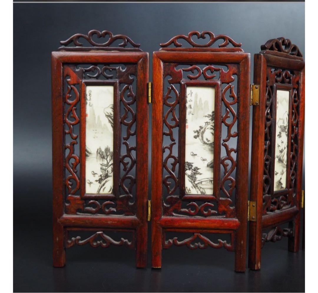 送料無料　時代物　唐木骨彫山水四曲屏風　高22　幅36ｃｍ　中国美術古玩
