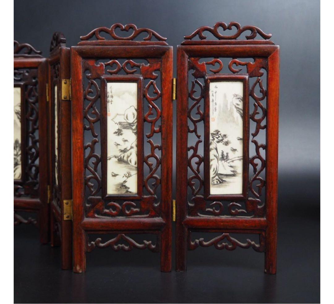 送料無料　時代物　唐木骨彫山水四曲屏風　高22　幅36ｃｍ　中国美術古玩