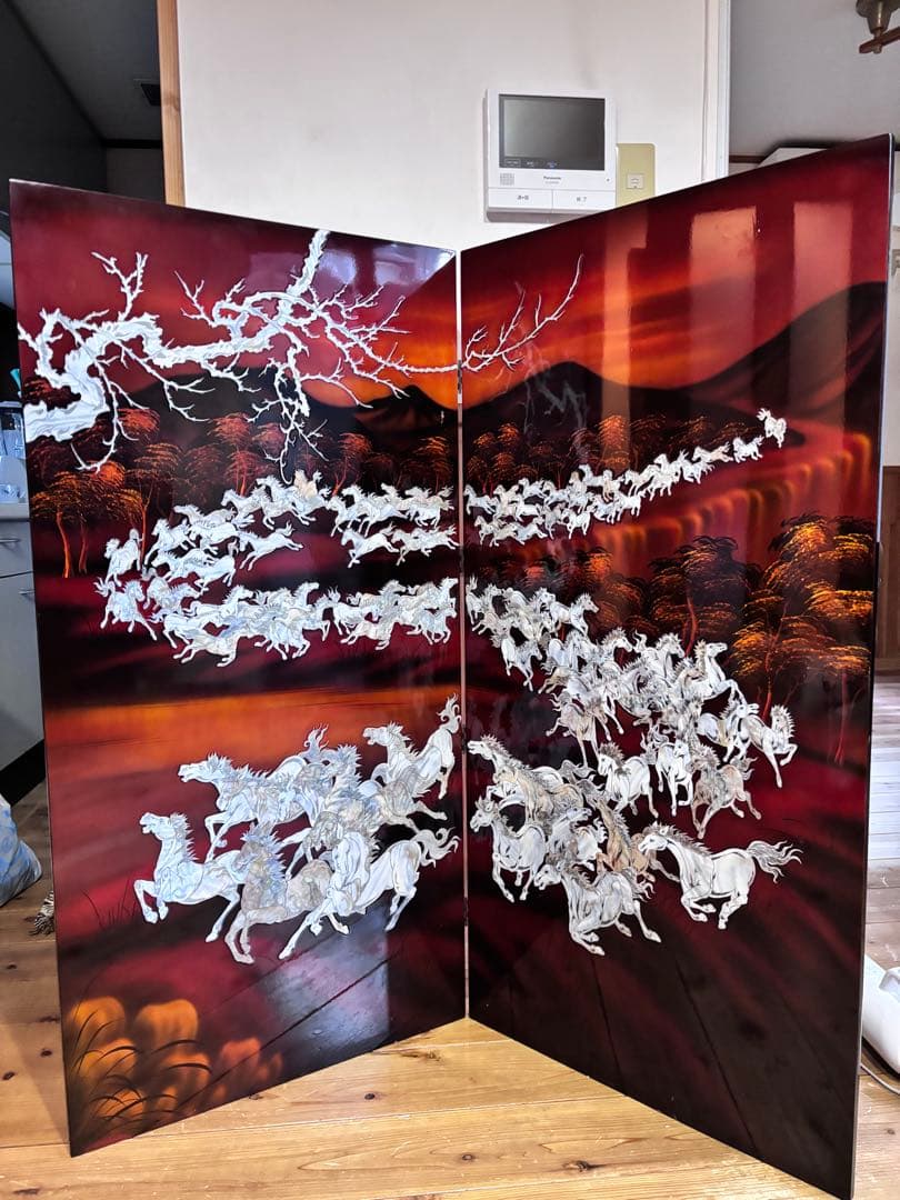 超美品　螺鈿　パテーション 衝立 「馬倒成功」 衝立 漆塗り 馬柄 枕屏風