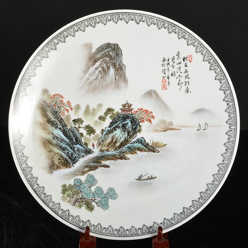 中国　1980年代中国景徳鎮製　漢詩山水文盤　飾皿　4枚　時代箱　BR5731B
