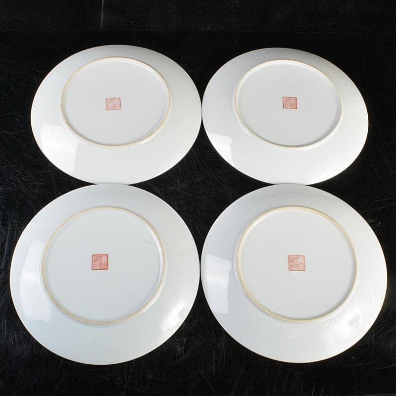 中国　1980年代中国景徳鎮製　漢詩山水文盤　飾皿　4枚　時代箱　BR5731B