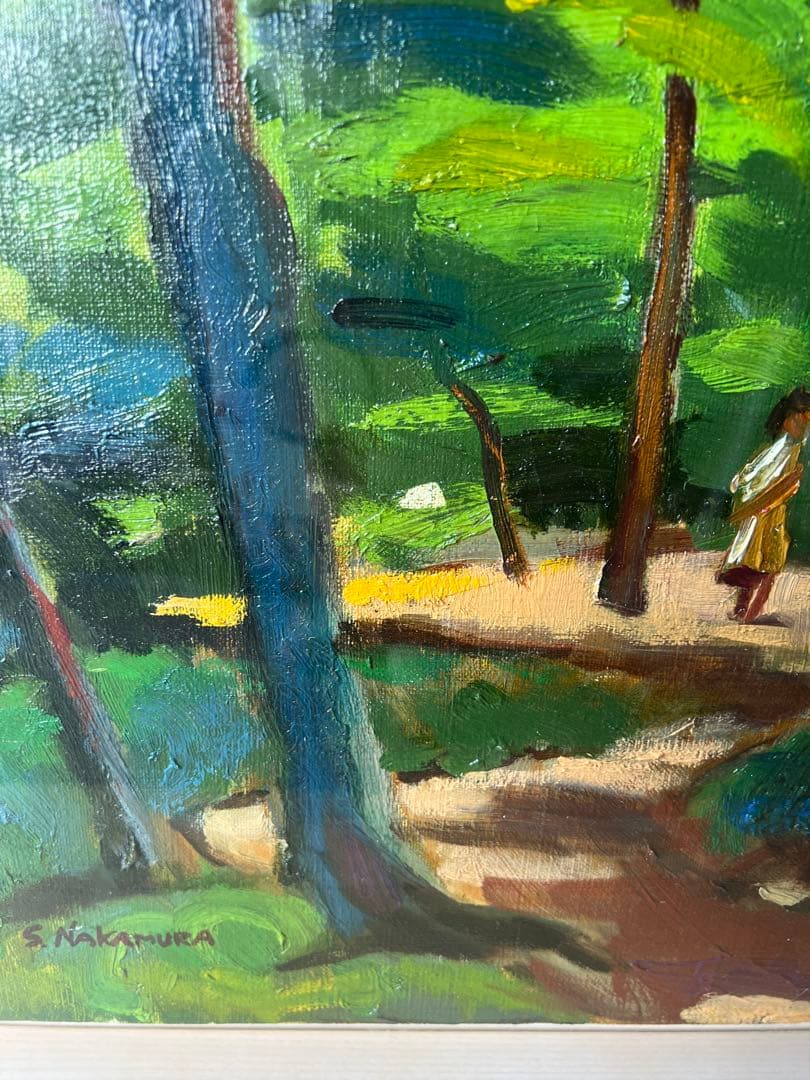 風景油彩画 子供たちが歩く