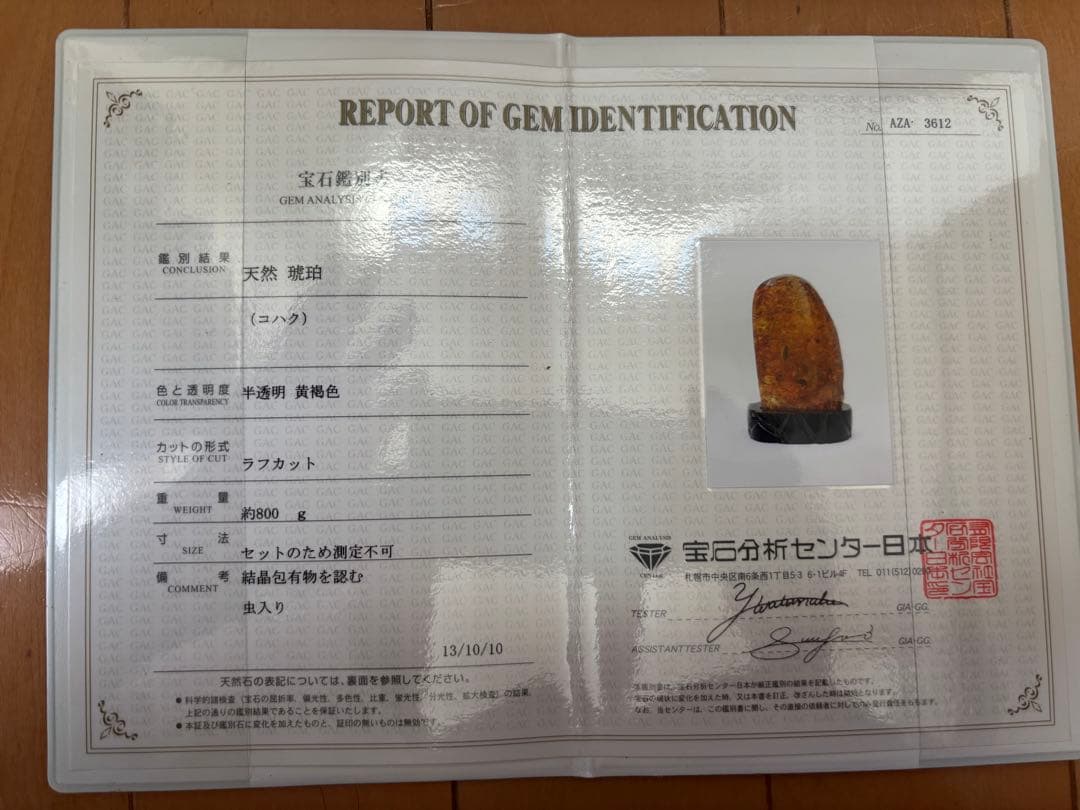 天然琥珀　虫入り約800g 特大　宝石鑑別書横10cm 縦19cm 厚さ約5cm