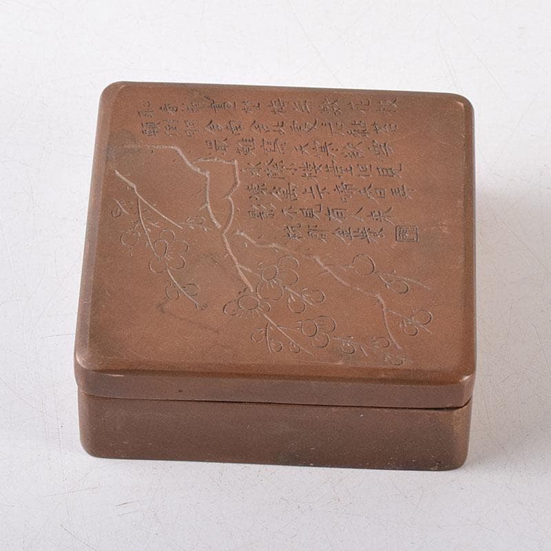 中国　古銅　唐銅　漢詩梅花刻　蓋物　四方箱　墨箱　M　R8649