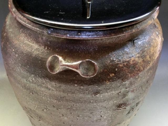 水指■美術館クラス 古備前 時代物 耳付き広口古壷(江戸期) 漆器蓋 骨董品■