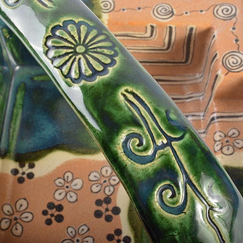 人間国宝　荒川豊蔵作　織部焼　手付鉢　共布　十三代即中斎極め箱　M　R7009B