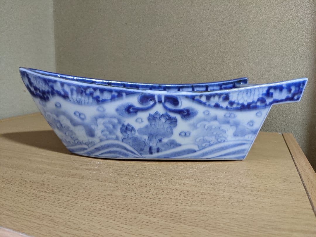 ♦江戸時代 瀬戸焼磁器 染付波千鳥貝尽くし紋 船 盃洗 骨董品 遺品少数レア物