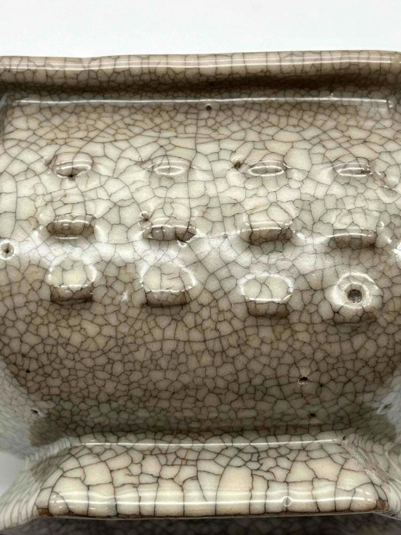 宋時代　青磁　汝官窯 氷裂紋 支釘焼き 双螭龍耳 鼓釘六方香炉(C-61)