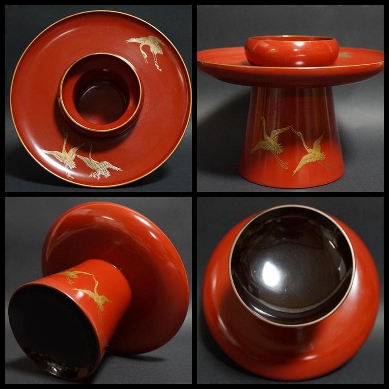 明治期 輪島塗 極上 金蒔絵『飛鶴』 盃台/三ツ組盃 揃 木製漆塗り 箱付時代物