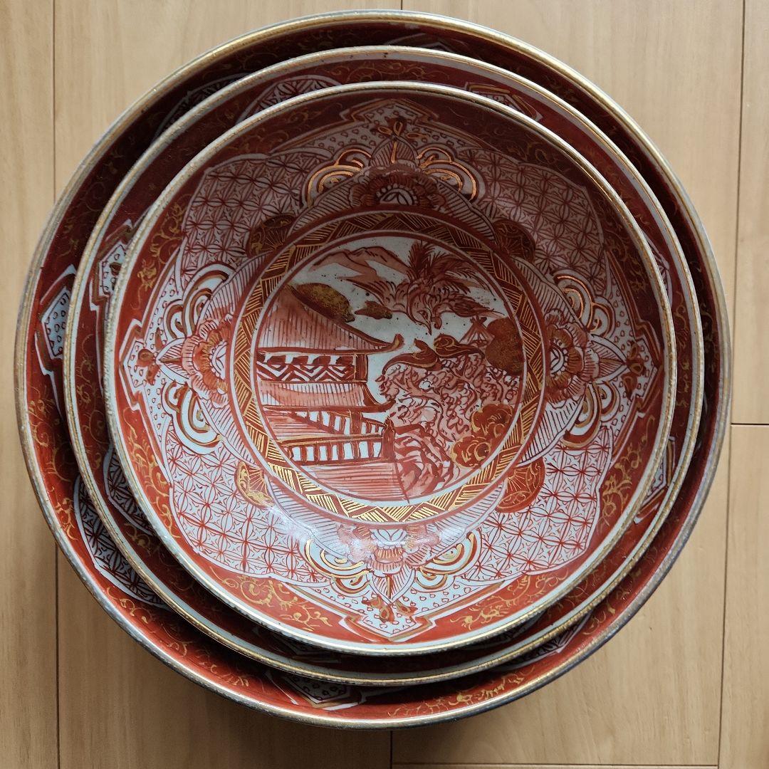 九谷金彩赤絵鳳凰楼閣文様三重鉢