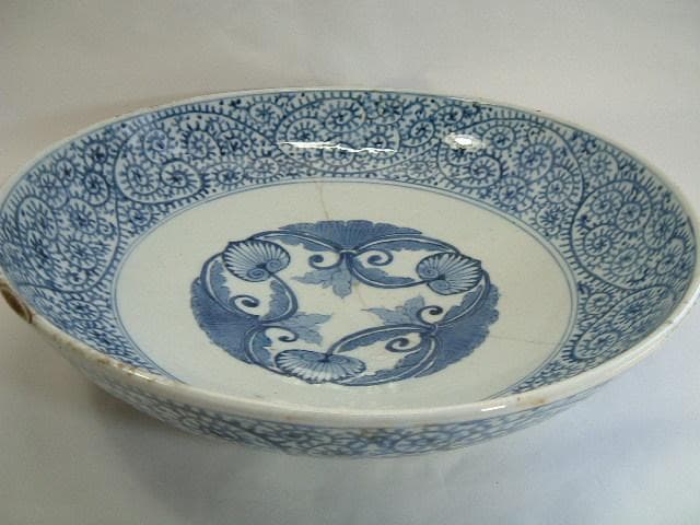 大皿■渦福「江戸中期」蛸唐草紋古伊万里染付大皿 大鉢 菓子器 時代物 骨董品■