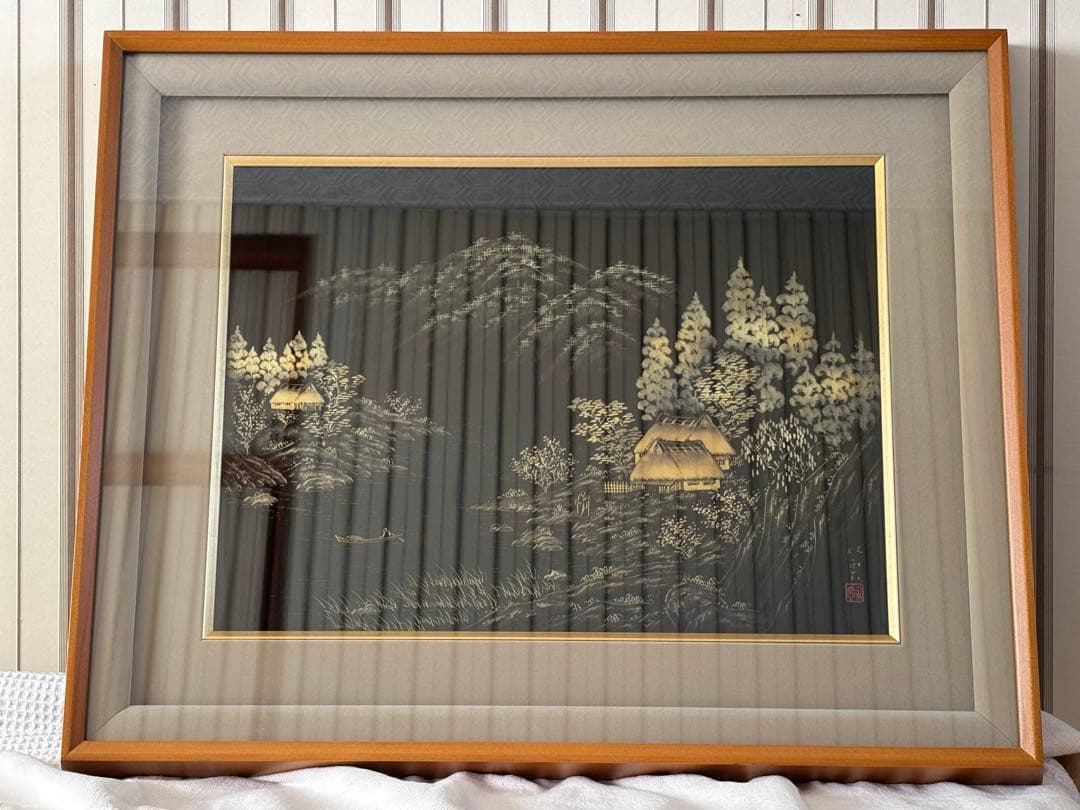 輪島塗 装飾パネル 額装 沈金 蒔絵 里山風景