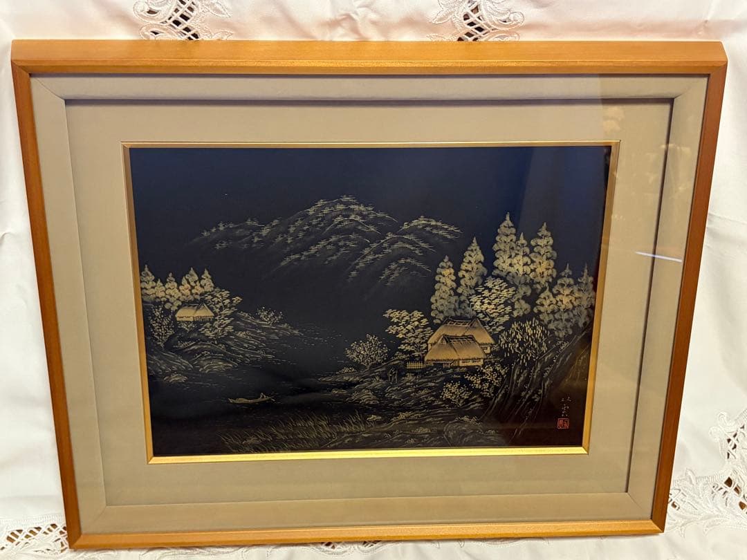 輪島塗 装飾パネル 額装 沈金 蒔絵 里山風景
