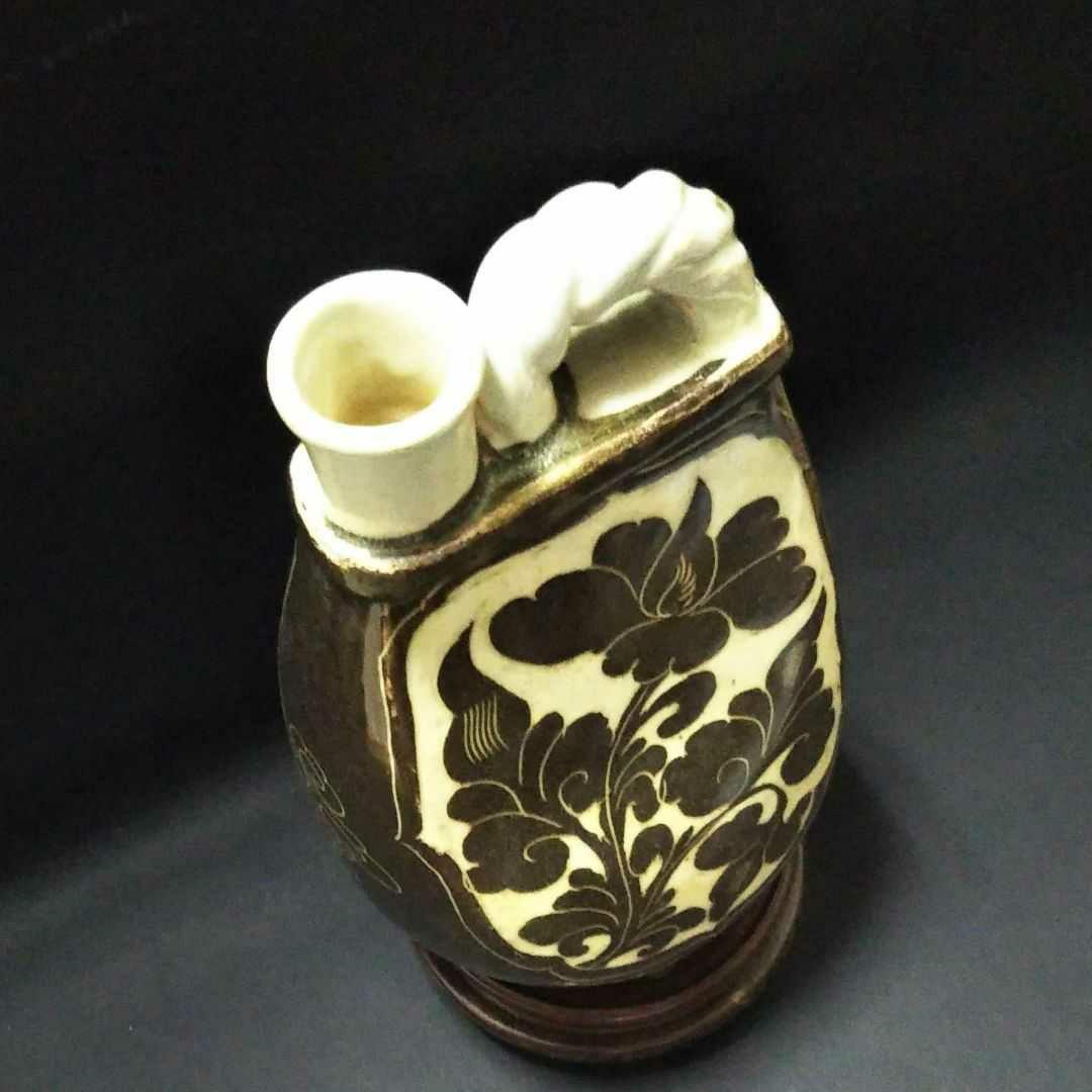 ※中国古美術/磁州窯黒釉蓮花紋披玳壺/