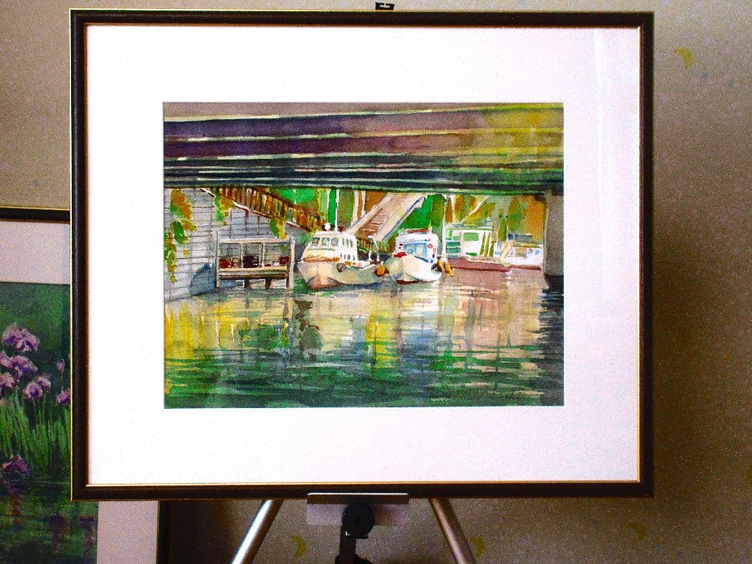 水彩画の風景 ボートと水面の反射