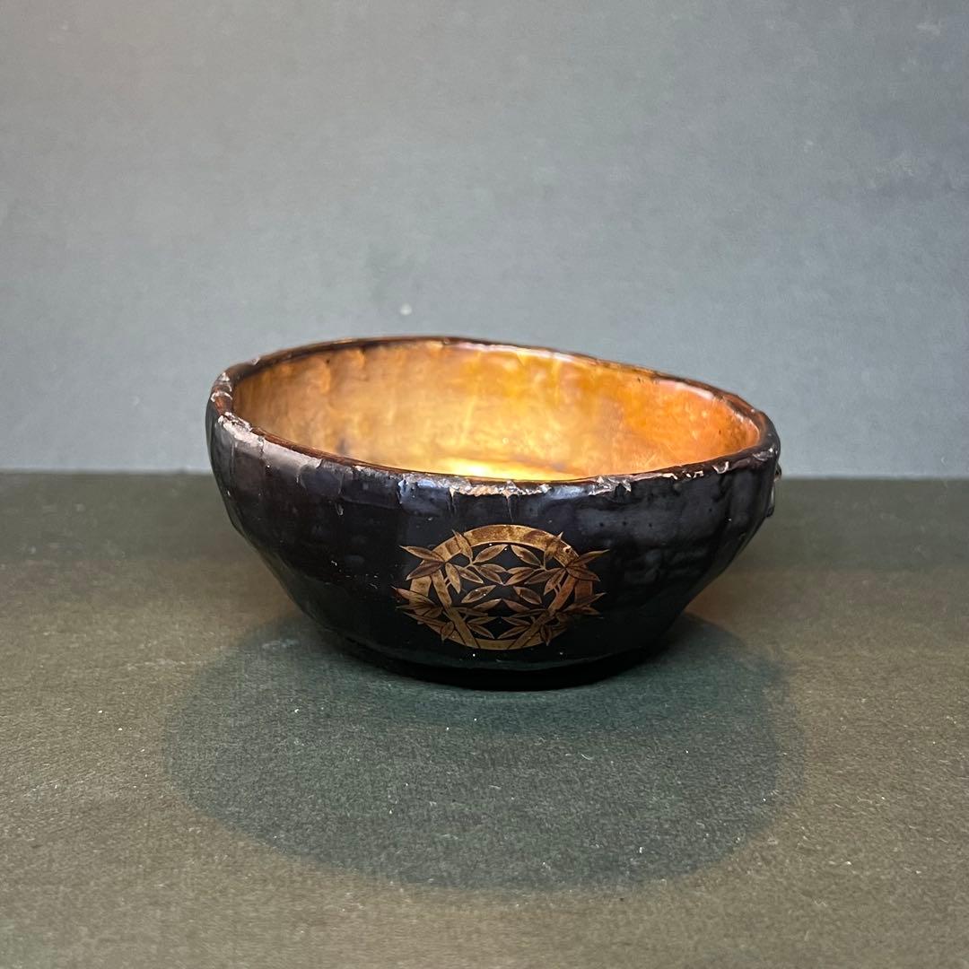 江戸期 木製 金蒔絵 笹丸紋 道中盃◎提げ環付 刳貫き 時代漆器◎古美術庵々