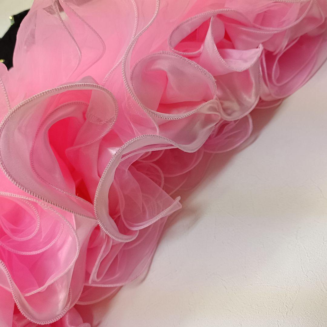 【ステージ衣装】ラインストーンフリルドレス黒とピンク社交ダンス女性M寸d66