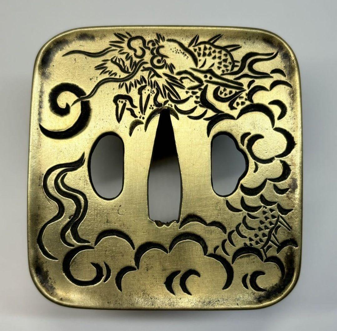 雲龍図真鍮磨地鍔 片切彫 鍔 鐔 日本刀 刀 刀装具 時代物 古美術 刀剣武具