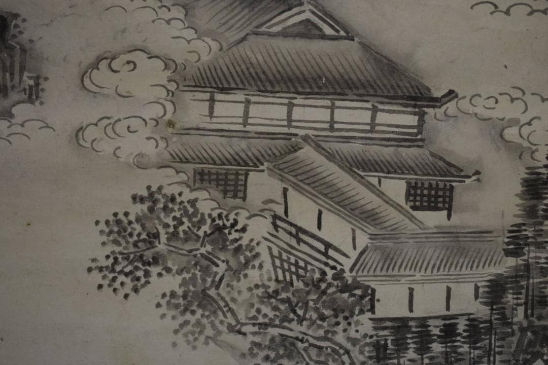 模写/狩野山雪/墨景山水之図/桐題箱付/布袋屋掛軸HF-479