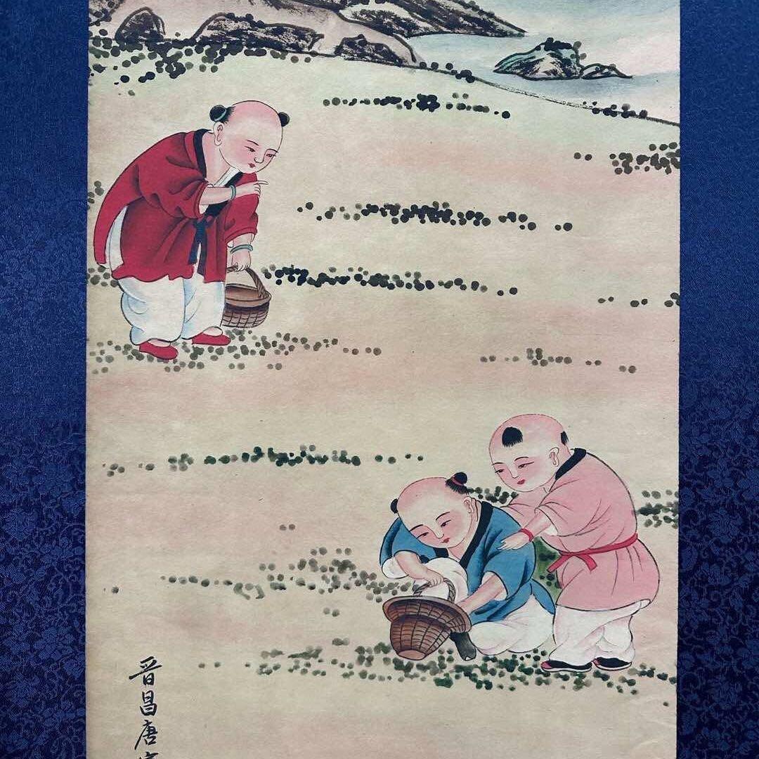 唐寅 童子図 四条屏 掛け軸 中国美術 絵画 書画 人物画 童戯図 インテリア