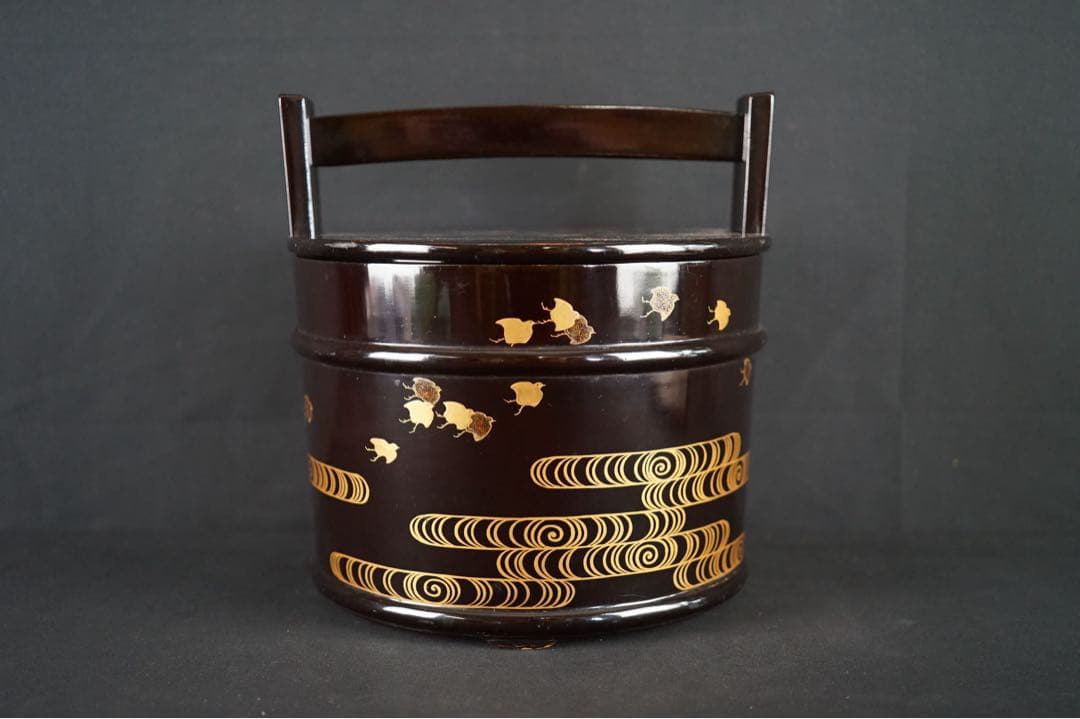 波 千鳥蒔絵 手桶水指 時代物 箱付 茶道具