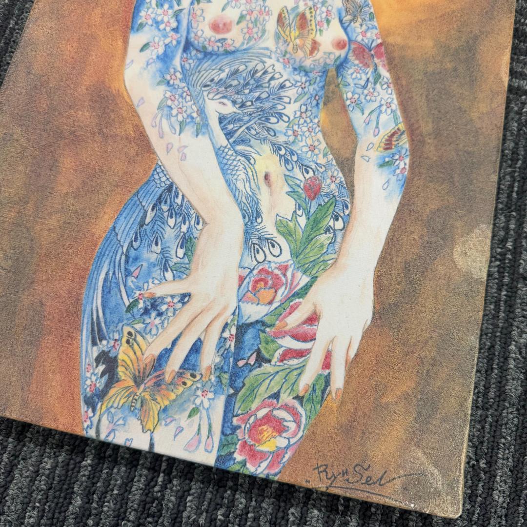 鳳凰美人刺青画　美人版画　龍泉 リュウセン 在銘 艶絵 額油絵二枚