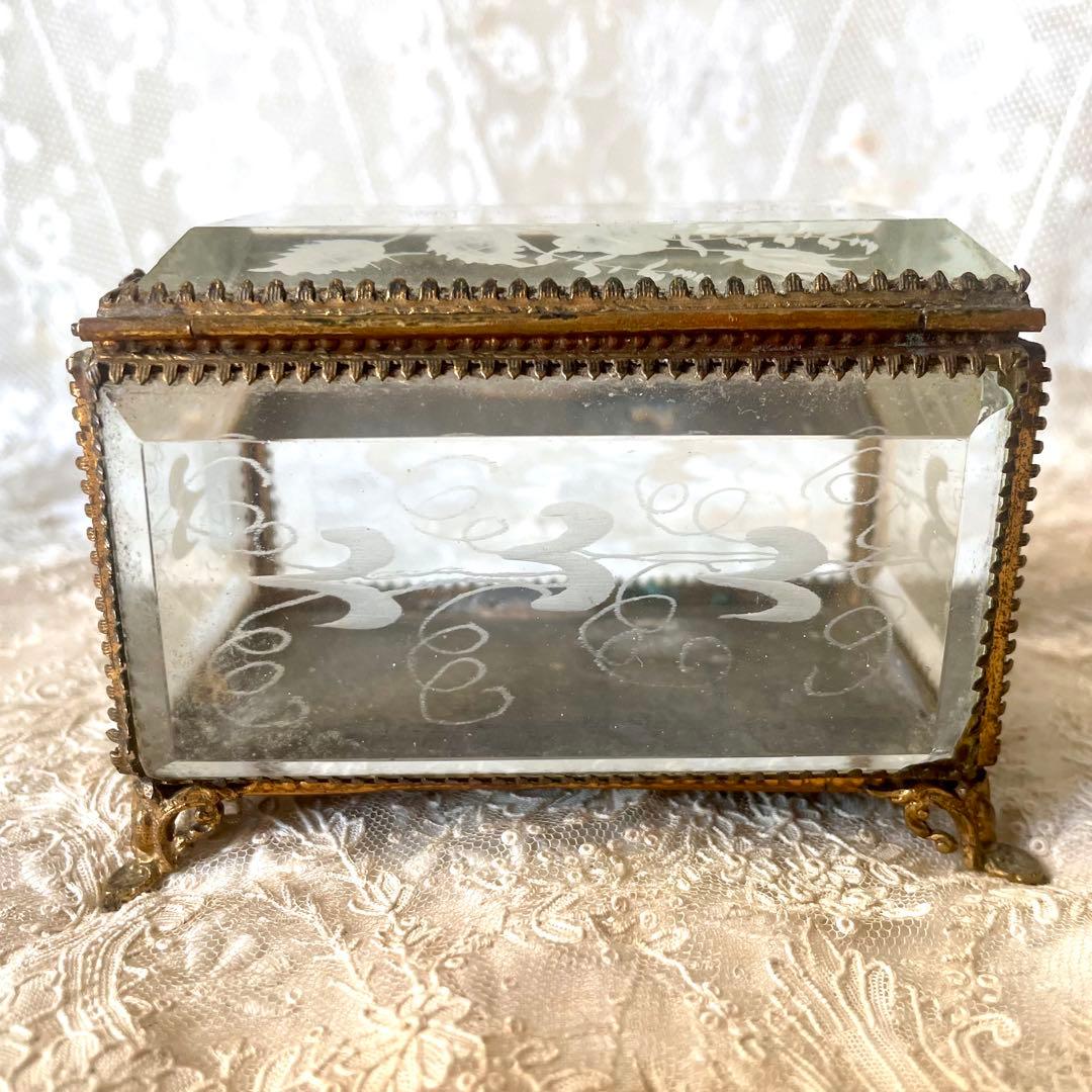 ローズ柄ベベルガラスジュエリーボックス　アクセサリーケース　フランスアンティーク