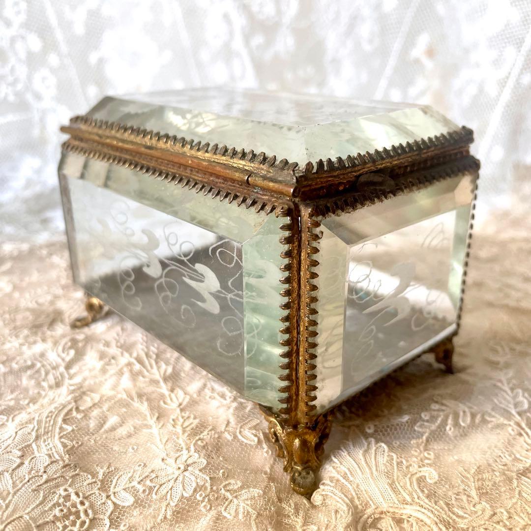 ローズ柄ベベルガラスジュエリーボックス　アクセサリーケース　フランスアンティーク