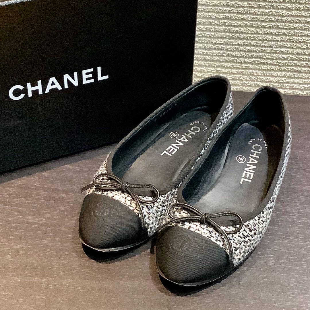 シャネル CHANEL 20A ココマーク リボン ツイード バレリーナ
