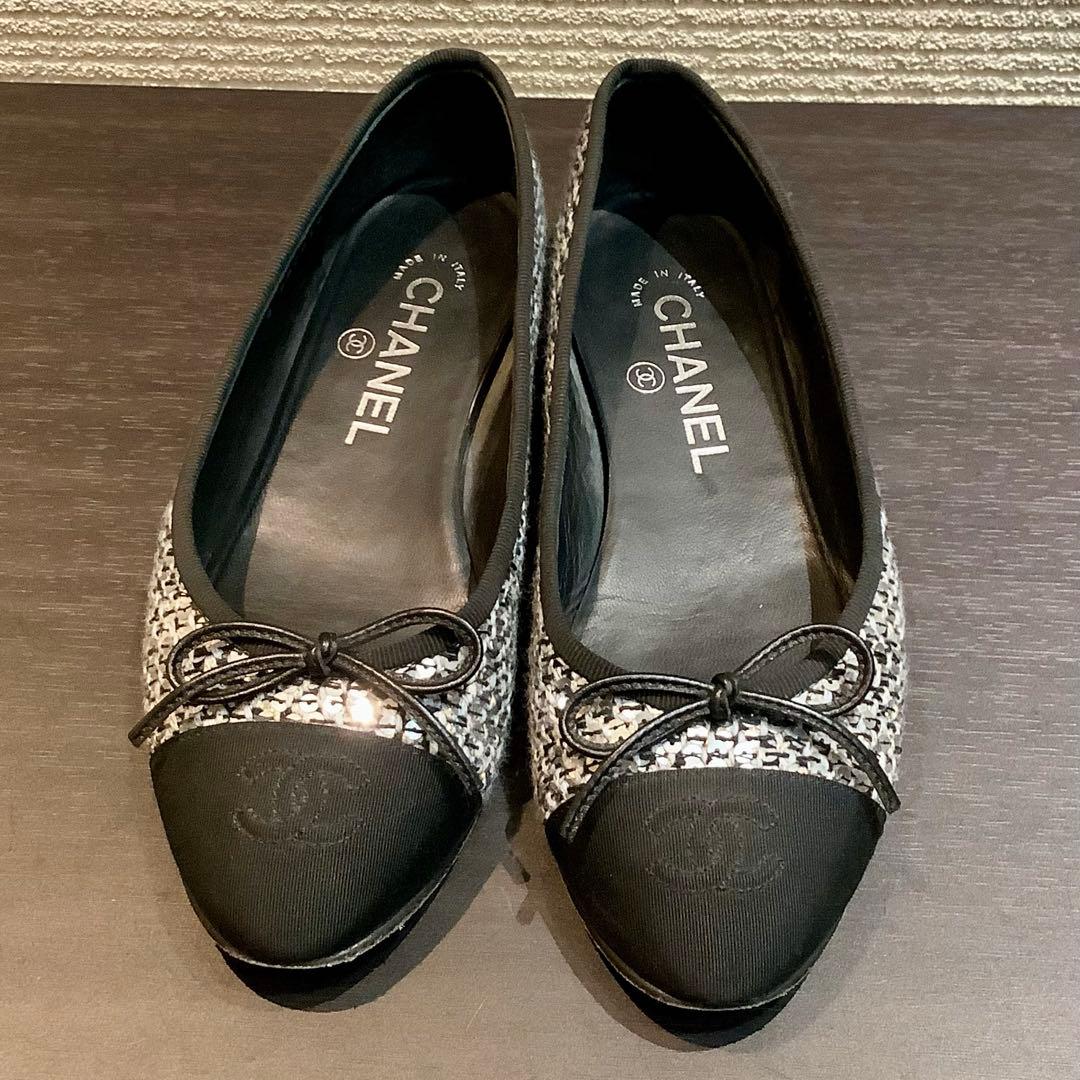 シャネル CHANEL 20A ココマーク リボン ツイード バレリーナ