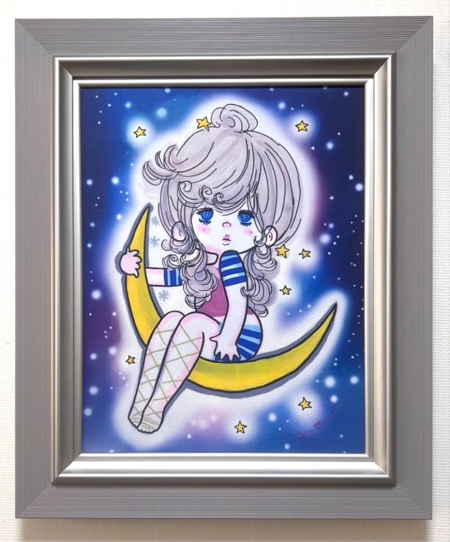 【F6号】水森亜土（お月様）手描き/表裏サイン有/油彩/アクリル/絵画/額縁