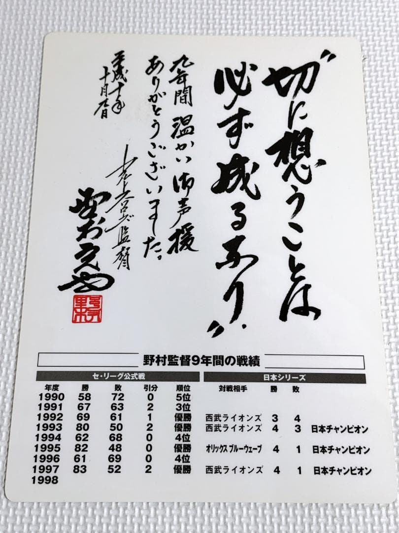 ★ヤクルト 73 野村克也 1998年 勇退記念 サイン入り下敷き 非売品 最終