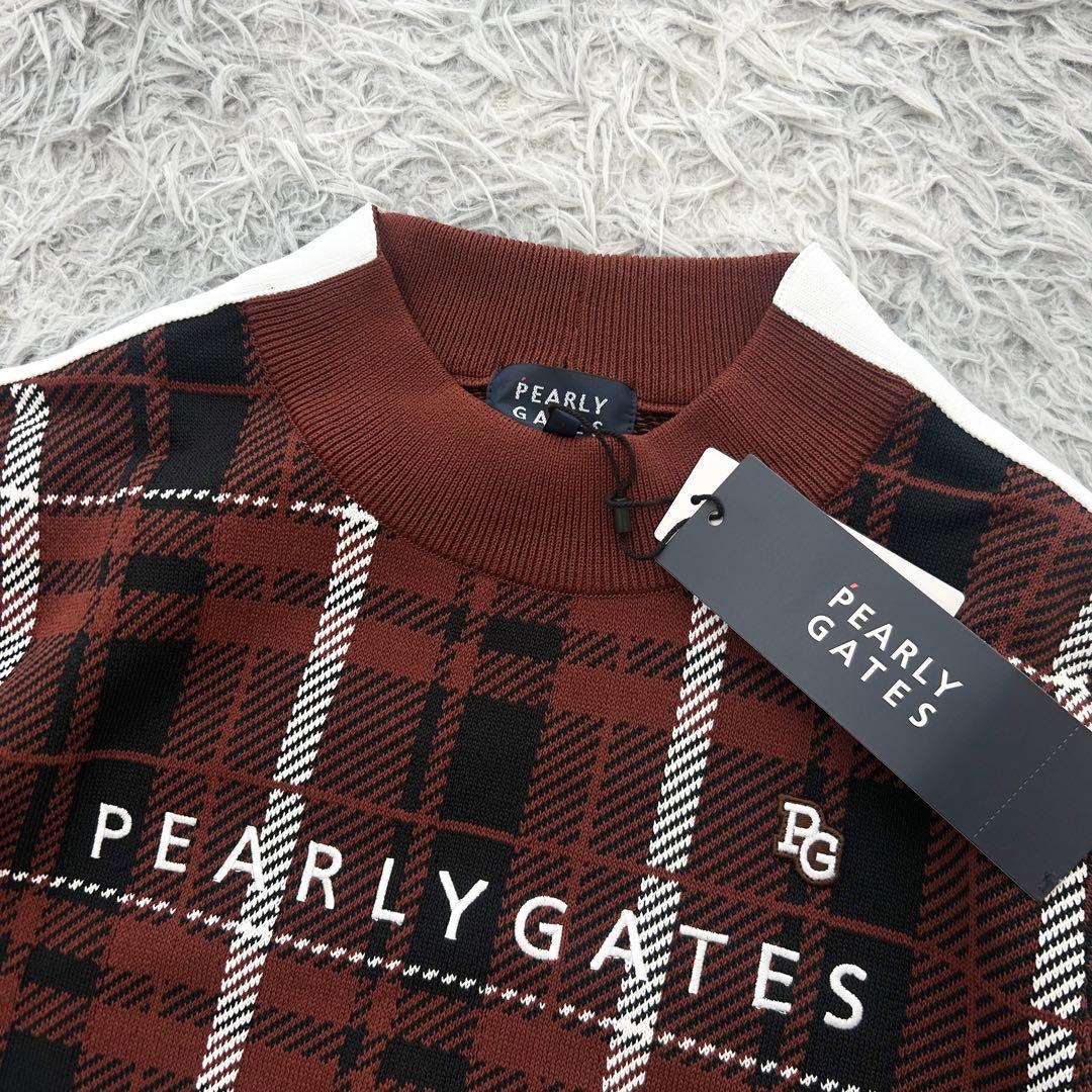 新品　パーリーゲイツ　ニット　セーター　モックネック　チェック柄　ブラウン　1