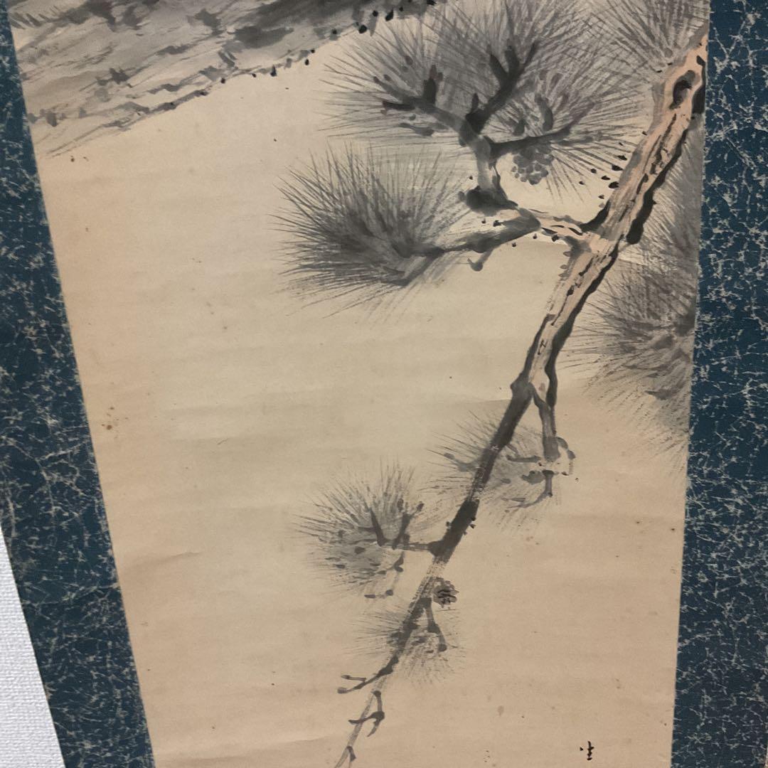 松上鷹図 紙本淡彩水墨画 落款印譜在（生峰）紙表装 軸先 紫檀