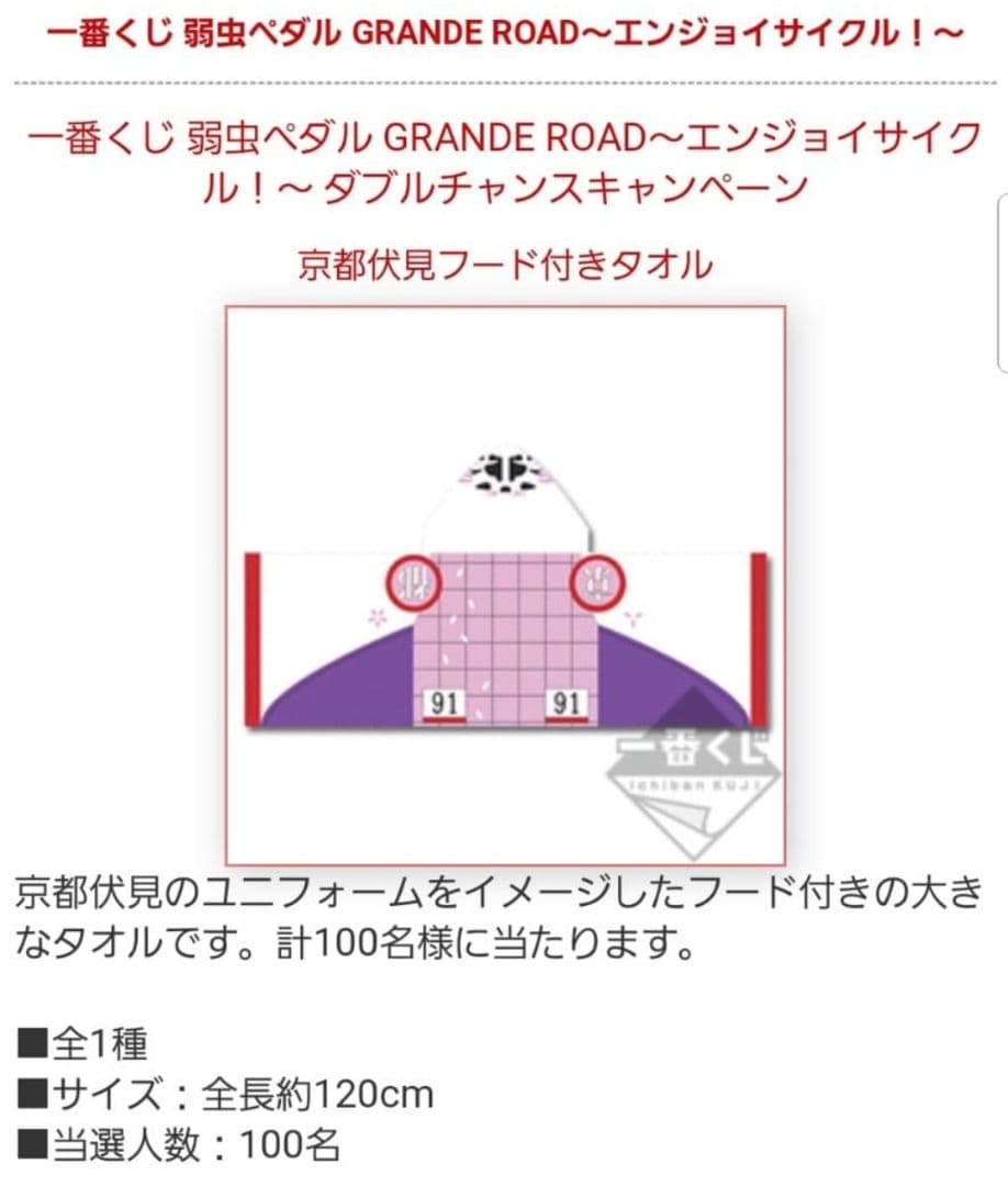 弱虫ペダル 一番くじ フード付きタオル ダブルチャンスキャンペーン 京伏 御堂筋