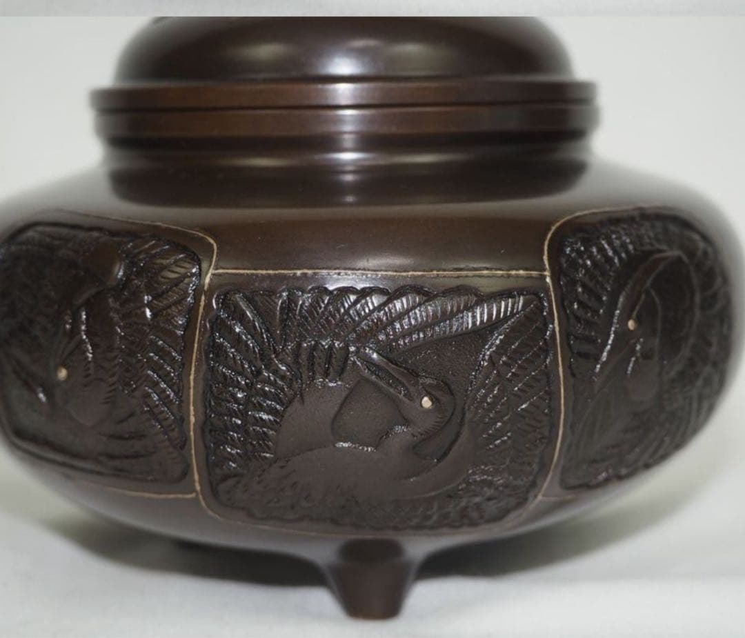 送料無料　瑞峰造　銅製象嵌鶴文香炉　未使用