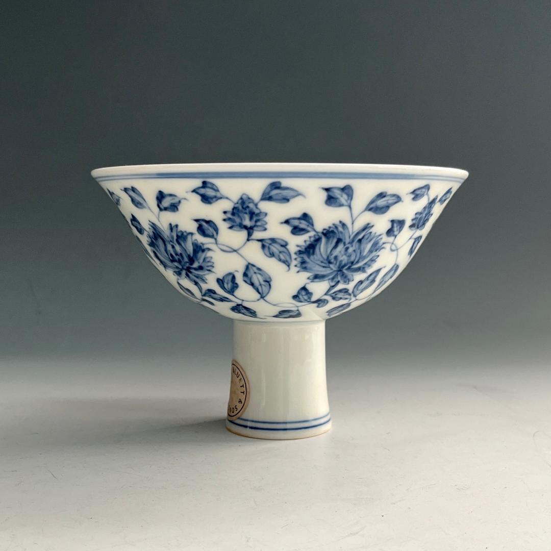 唐物 青花花紋高足杯 馬上杯 大明成化年製 款 中国美術 古玩 SN762