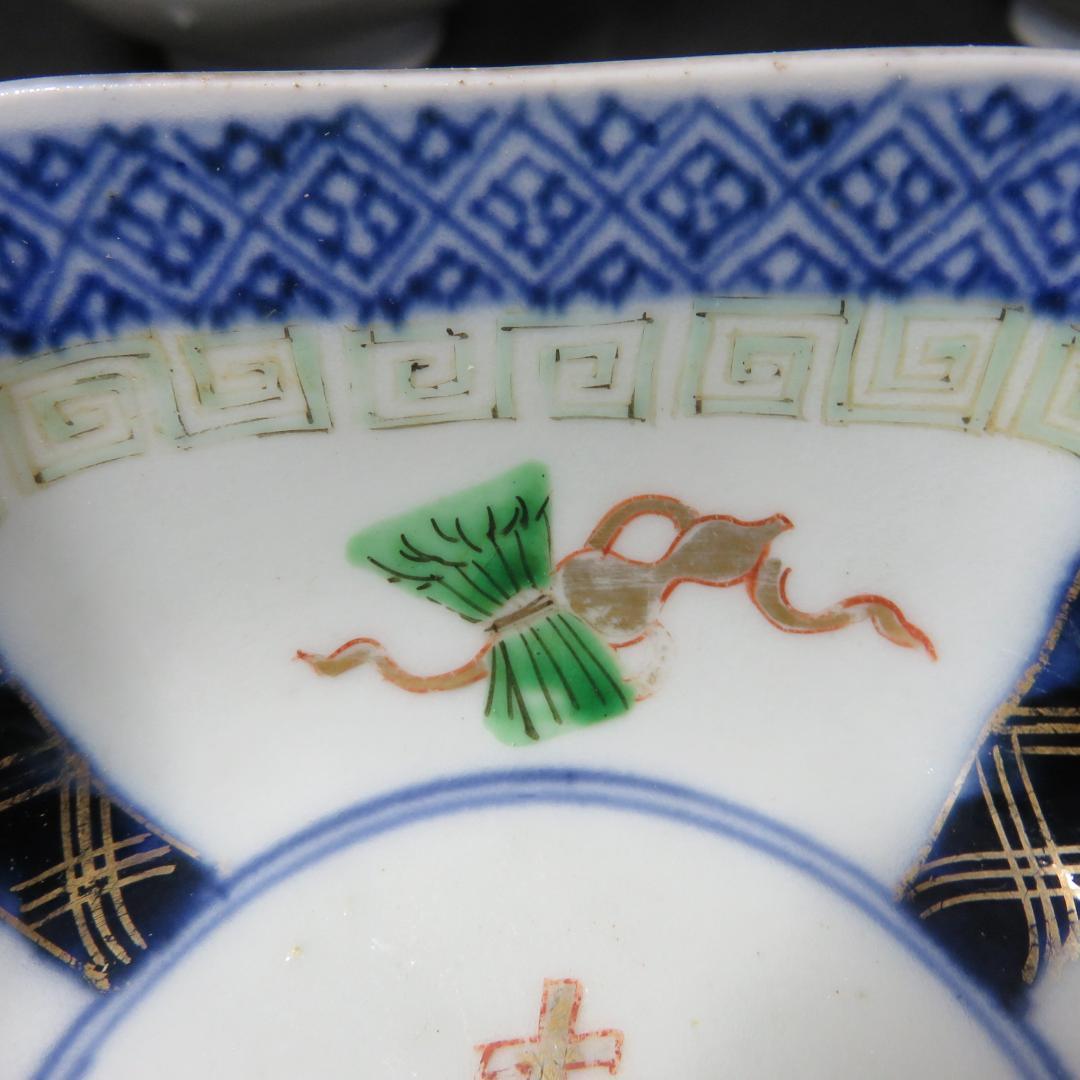 小鉢 4客 向付 角鉢 色絵 古伊万里 壽 瓢箪 花 柵 窯傷