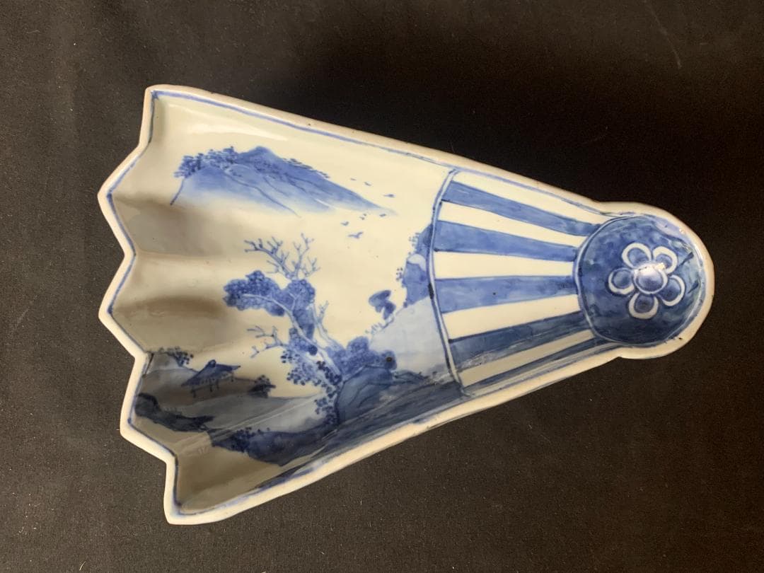 明代 古染付 青花 山水図 半開扇皿 扇鉢 中国古玩 唐物 878