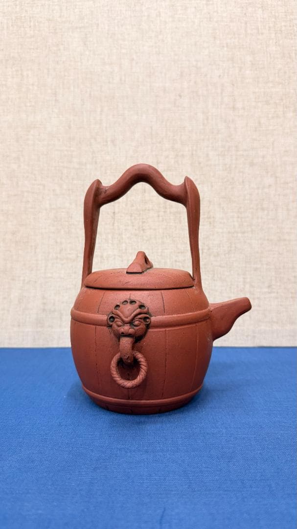 【在銘】紫砂 提梁壺｜獅子面環装・古作風合｜一点物 幅約12・高さ約17