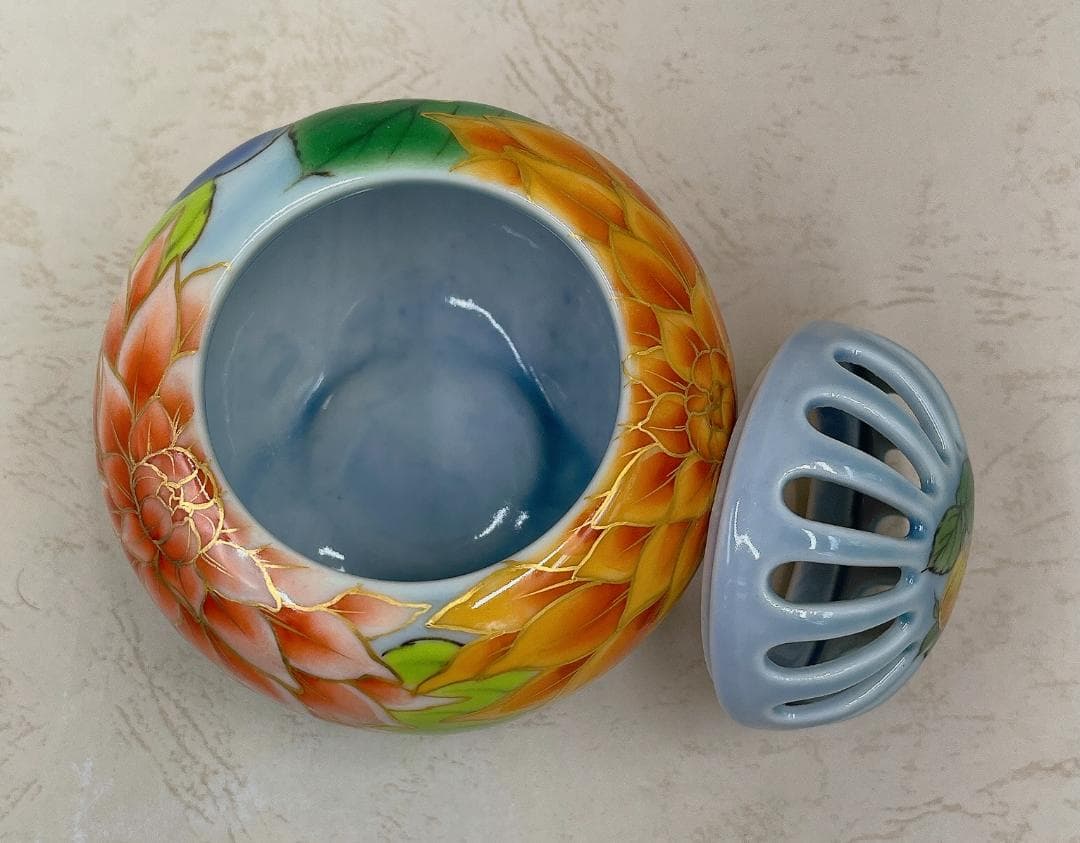 絶品！清水焼香炉★手描きオーダー発注品◆水色地×ダリア