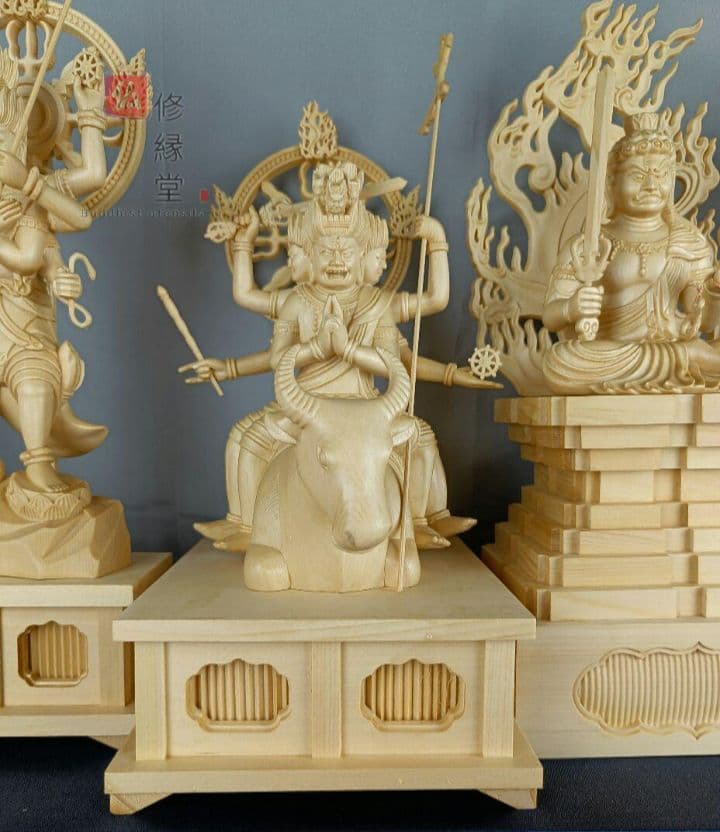 【修縁堂】最高級 木彫仏像 五大明王像一式 彫刻 一刀彫 天然木檜材 仏教工芸