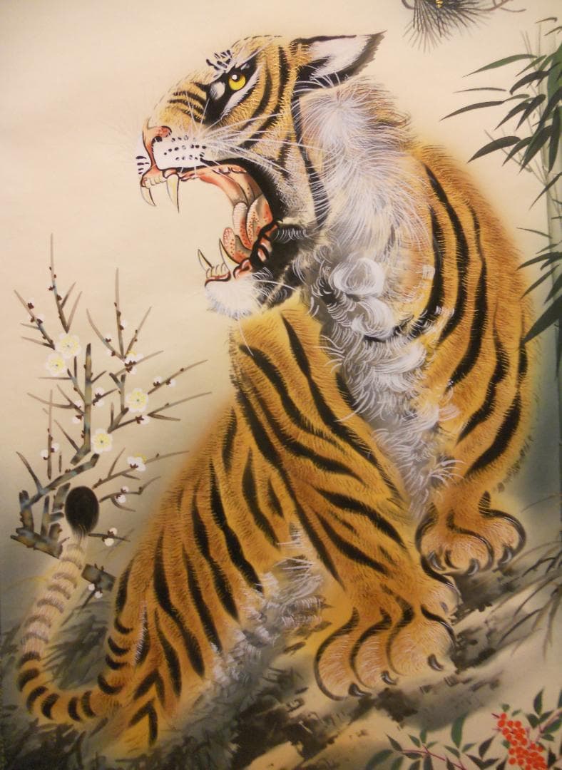 掛け軸 田中康浩 月下猛虎之図 絹本 希少 軸装 茶道具 掛軸 美品 です。