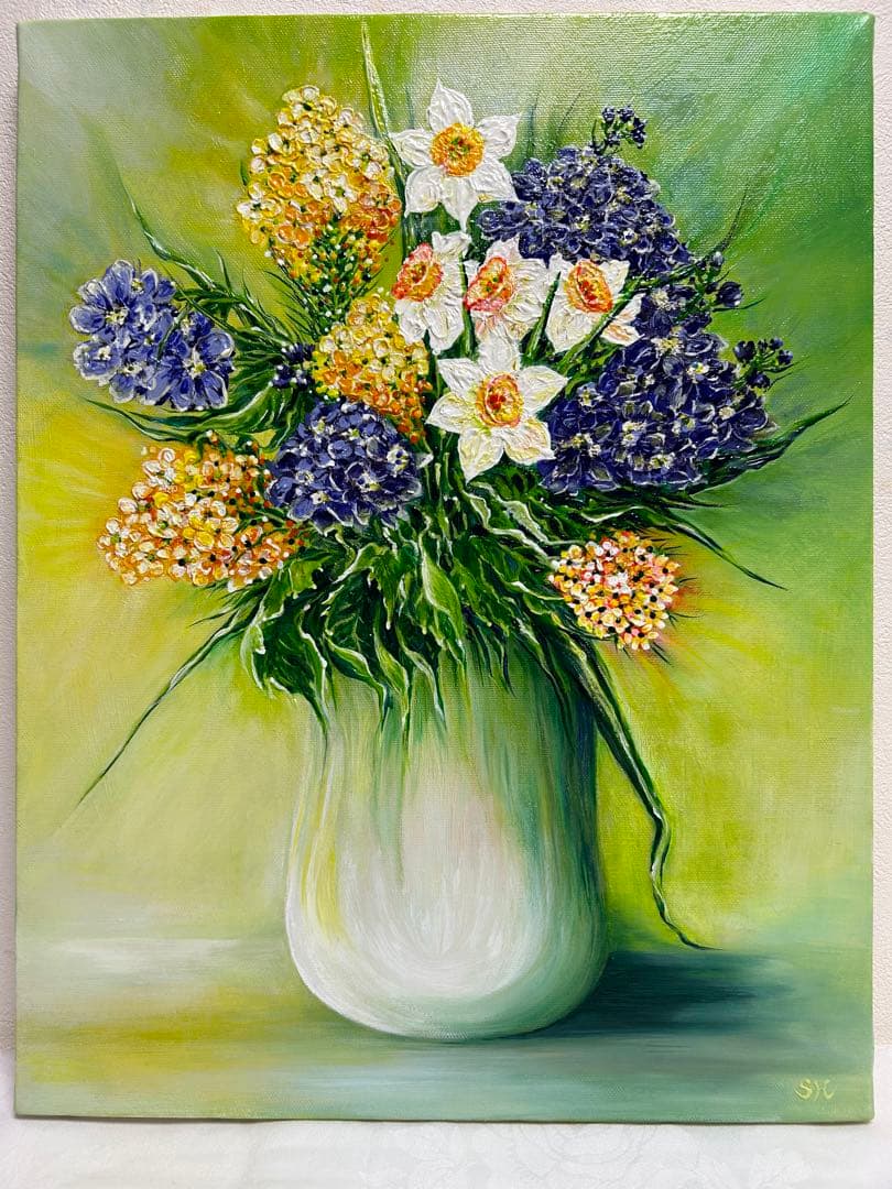 新しい一日 油彩 油画 SH16 R6 F6  (菜の花・水仙・ビオラ)