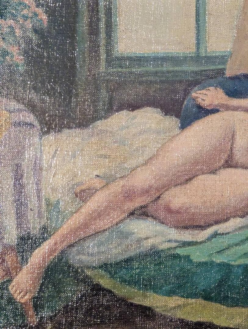 【真作】絵画　油彩4号　リクライニング・ヌード　ベッドに憩う女性像　X125