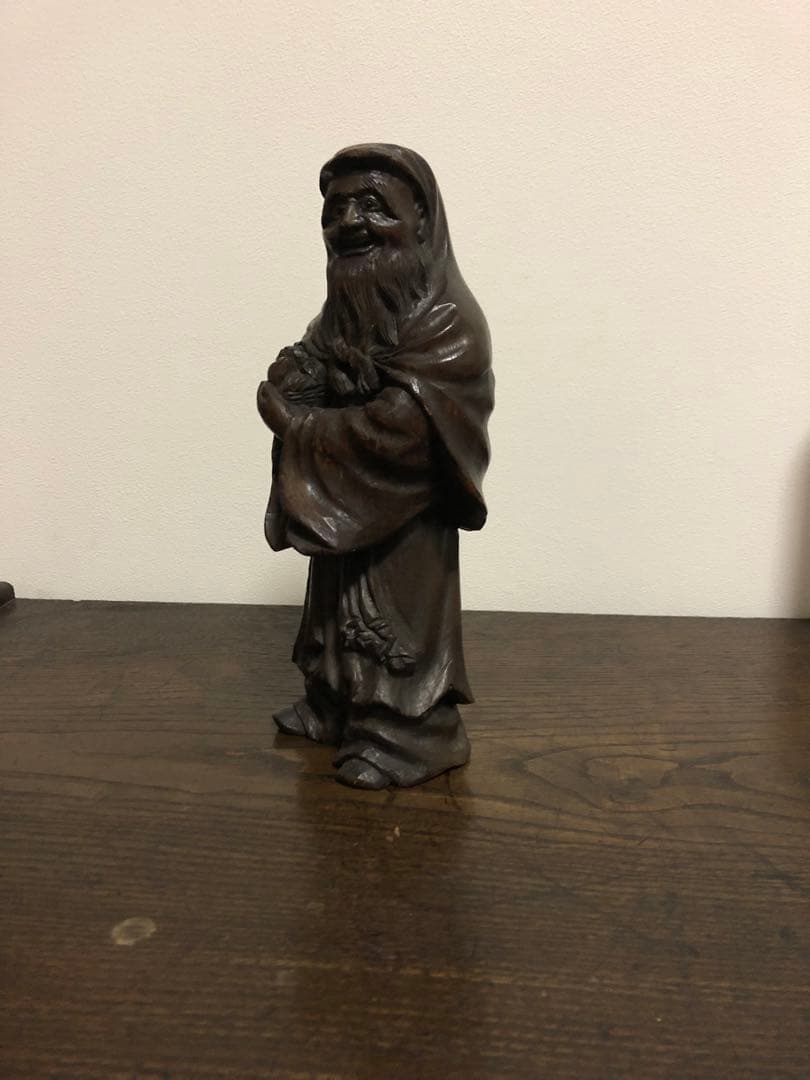 明治期　立川流彫刻　木彫置物　桃仙人　象眼　在銘「立川刀」