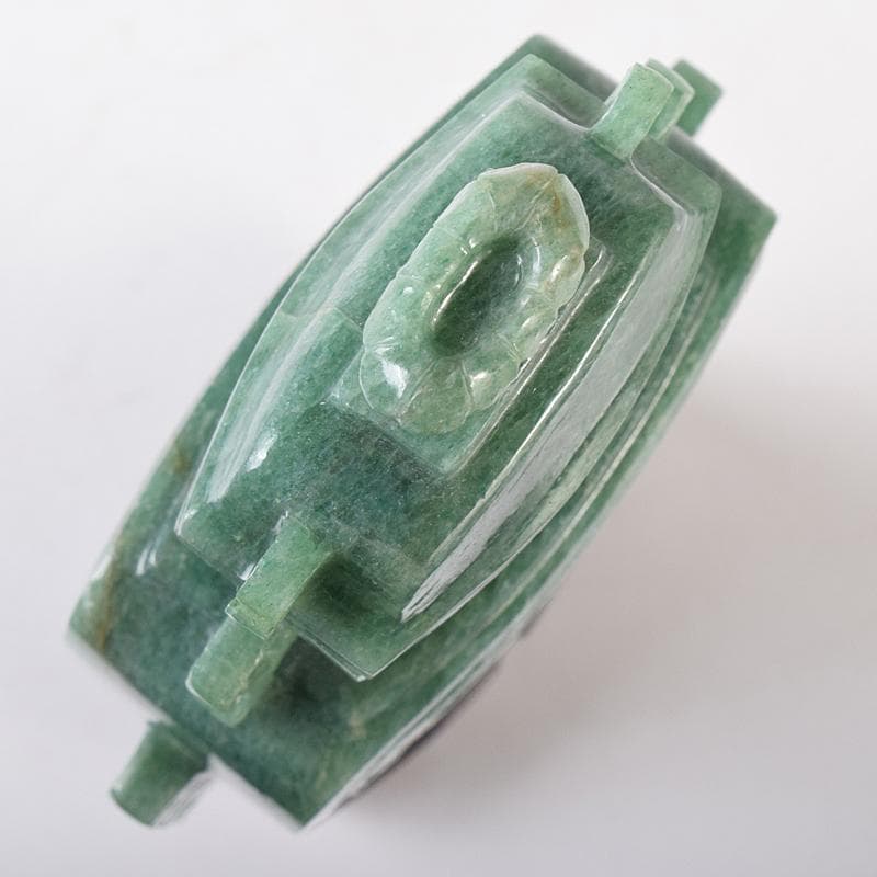 中国　玉石翡翠彫刻　飾壷　約530g　唐木台付　D　R8759