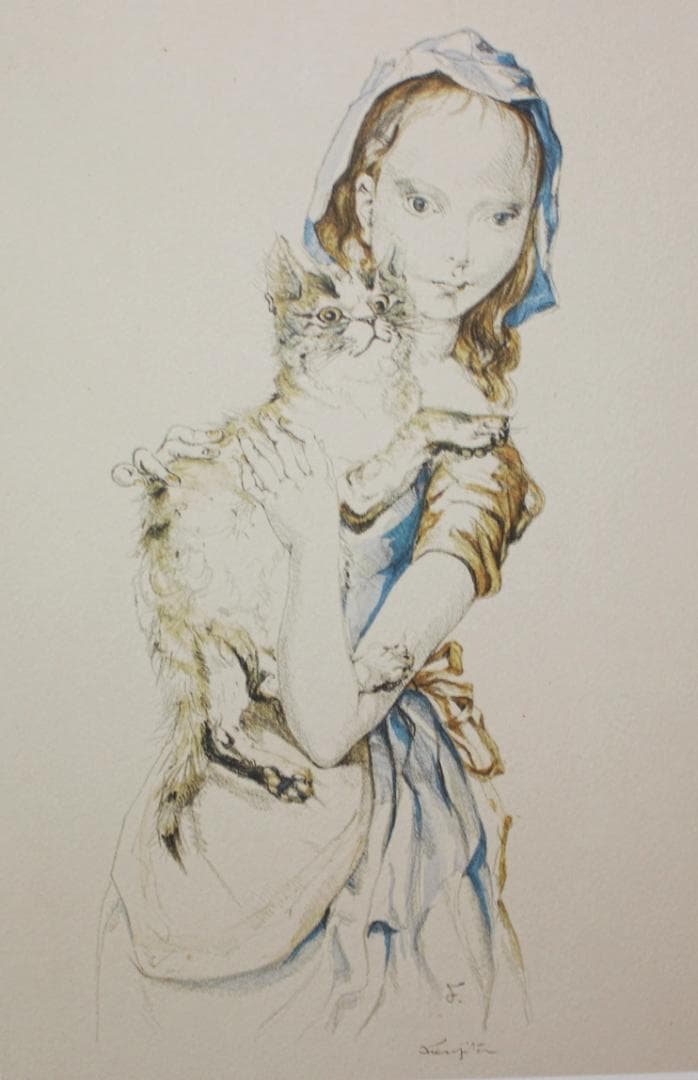 藤田嗣治 エスタンプリトグラフ「猫を抱く少女」 39/100